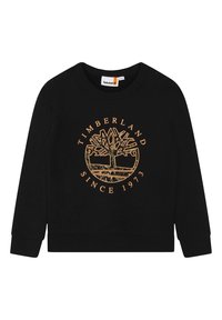 Felpa nera con collo rotondo, con logo di un albero arancione e il testo "TIMBERLAND SINCE 1973". Tessuto morbido con polsini a costine.