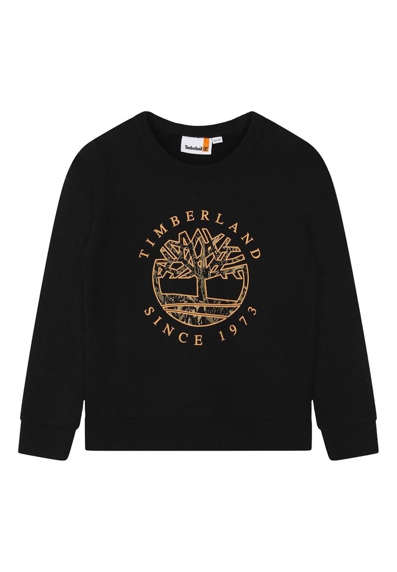 Felpa nera con collo rotondo, con logo di un albero arancione e il testo "TIMBERLAND SINCE 1973". Tessuto morbido con polsini a costine.