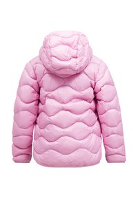 Rosa pufferjakke med et quiltet mønster, der har en hætte og en blød, glat finish. Rundede sømme skaber et bølget design på overfladen.