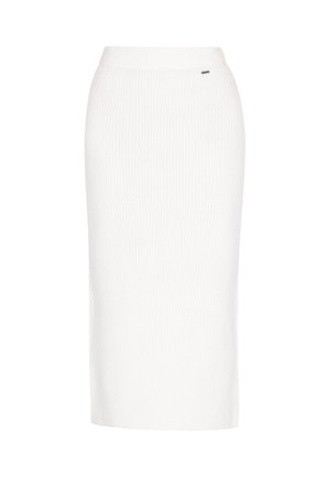 Spódnica do kolan, prążkowana, biała, z dopasowaną talią. Wykonana z miękkiego, elastycznego materiału. Posiada mały metaliczny akcent logo w pobliżu pasa.