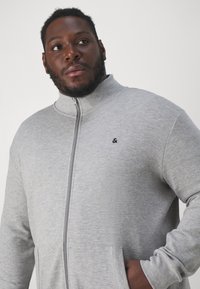 Sudadera gris con cremallera y cuello alto, puños acanalados y bolsillos laterales; presenta un pequeño logo negro en el pecho.