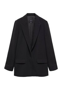 Sort blazer, struktureret design, enkeltknapslukning, hakkraver, to forlommer, tekstureret stof og skræddersyede lange ærmer.