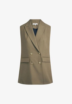 Ärmeløs khakifarvet dobbeltradet blazer med notch revers, guldknapper og klaplommer, med en mørk inderside.