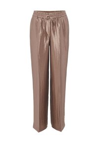 Metallische taupe wijde broek met een gestructureerd oppervlak, elastische tailleband en trekkoorddetail. Loose fit, rechte snit tot de zoom.