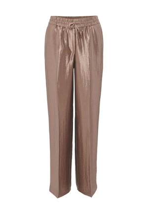 Pantaloni wide-leg in tinta taupe metallica con superficie testurizzata, vita elastica e dettaglio con cordoncino. Vestibilità ampia, taglio dritto fino all'orlo.