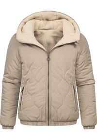 Beige quiltad jacka med en mjuk, krämfärgad fleecefoder i huvan och kragen. Dragkedja fram och sidofickor. Elastiska ärmslut och nederkant.