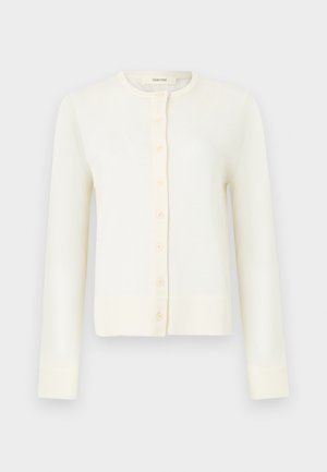 Kardigan kremaste barve, iz mehkega pletenega materiala, z okroglim izrezom, dolgimi rokavi, šestimi gumbi spredaj, rebrastimi manšetami in robom.