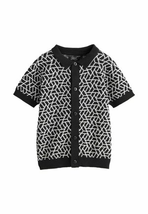 Sort kortærmet cardigan med knapper, dekoreret med et hvidt geometrisk trekantsmønster, med ribbet krave, manchetter og kant.
