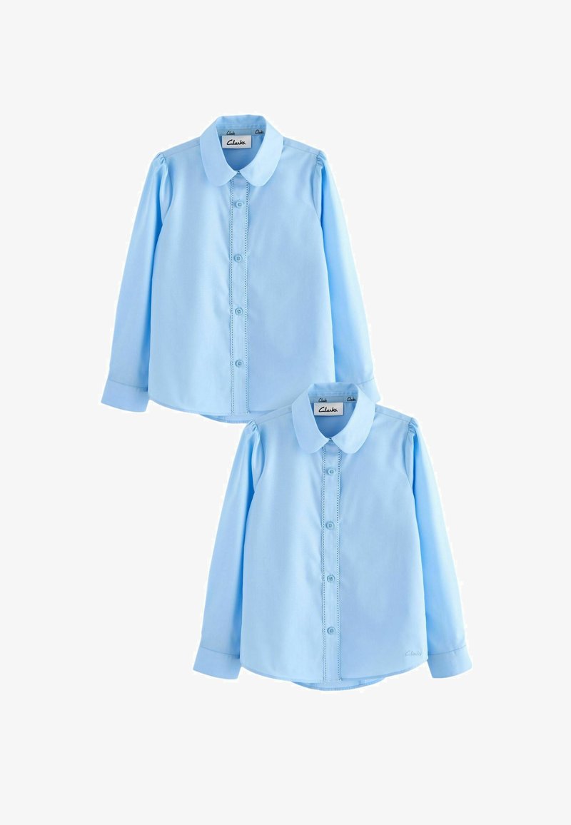 Light blue long-sleeve shirt made of smooth fabric, featuring a classic collar, button front, and puffed sleeves, with decorative stitching.