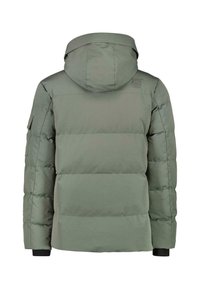 Gestepte groene jas met een capuchon, voorzien van een gladde textuur, elastische manchetten en een logo-detail op de bovenrug.