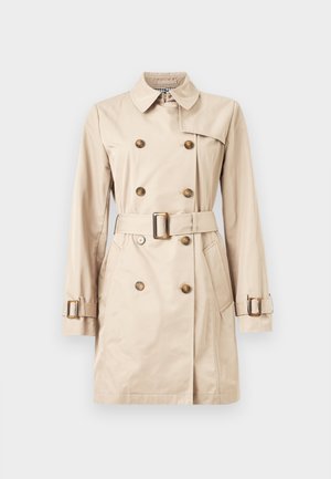 Μπεζ διπλόμπουτο καμπαρντίνα με matching ζώνη, κουμπωτά μανίκια με αγκράφες, μπροστινές τσέπες και κλασικό γιακά.