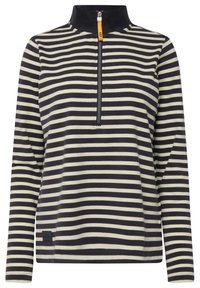Halv-zip langærmet top i sort og hvid strib. Blødt stof med en mock-krave og en orange lynlås, med et logo-tag ved kanten.