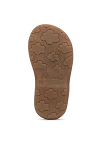 Brązowa gumowa podeszwa buta z kwiatowym wzorem, teksturowaną powierzchnią i wygrawerowanym logo. Rozmiar oznaczony jako 20.