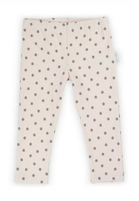 Jasnoróżowe legginsy z szarym wzorem w kropki, wykonane z miękkiego materiału z elastycznym pasem zapewniającym wygodne dopasowanie.