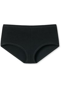 Schwarze Baumwollslips mit einer glatten Textur, einem mittelhohen Design und genähten Kanten. Ausgestattet mit einer klassischen, schlichten Form ohne Verzierungen.