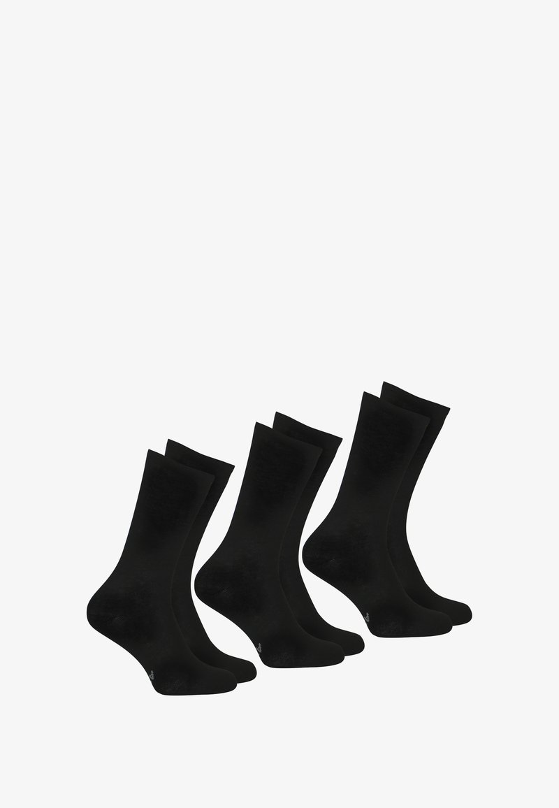 Paquet de quatre chaussettes noires en coton avec un haut lisse et côtelé et un orteil renforcé. Chaque chaussette a un design classique de longueur cheville.