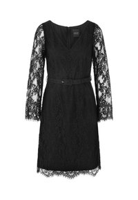Schwarzes Spitzenkleid mit langen, durchsichtigen Spitzenärmeln, V-Ausschnitt und taillierter Taille. Enthält einen passender Gürtel und ein gewellter Saum.