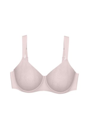 Light beige underwire bra with adjustable straps and subtle textured pattern on the cups, displayed against a white background.