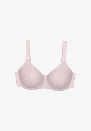 Light beige underwire bra with adjustable straps and subtle textured pattern on the cups, displayed against a white background.