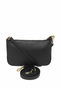 Svart läder crossbody-väska med texturerad yta, guldfärgad dragkedja och hårdvara, justerbar rem och kompakt rektangulär form.