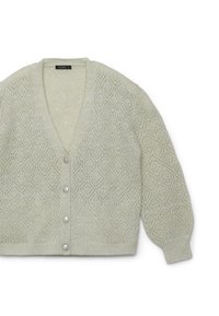 Cardigan a maglia verde chiaro, con scollo a V, texture a motivo e cinque bottoni simili a cristalli lungo il fronte. Maniche ampie. Materiale morbido.