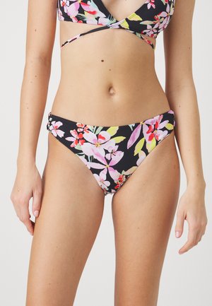 Črni cvetlični bikini z zgornjim delom V-izreza s twisted detajli in ujemajočimi se visokimi hlačkami, okrašenimi s pisanimi cvetličnimi vzorci.