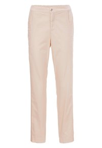 Lichtbeige broek met een elastische tailleband, knoopsluiting en twee zijzakken. Voorzien van een soepele stof en een recht gesneden ontwerp.