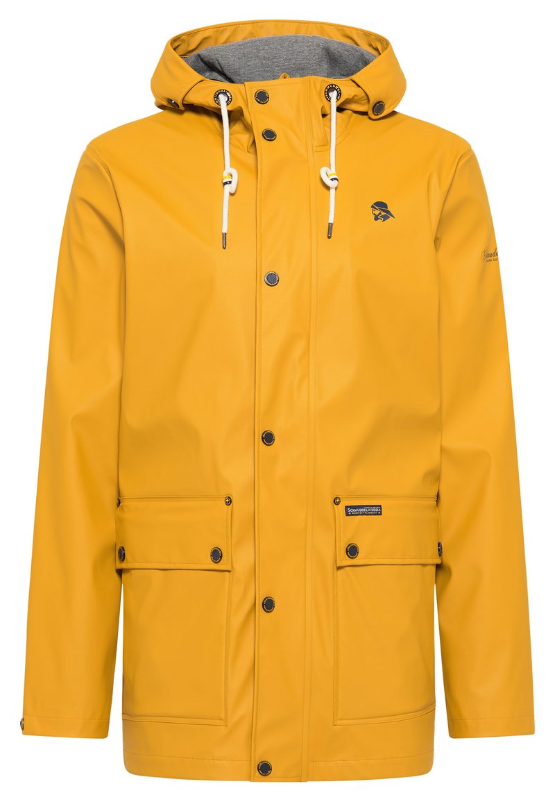 Gelbe wasserdichte Jacke mit verstellbarem Kapuzenzug, grauem Innenfutter, zwei Fronttaschen und Druckknopfverschlüssen. Mit Logo auf der Brust.