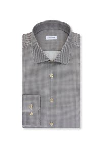 Herre skjorte med knapper, med lille sort og hvidt geometrisk mønster, spredt krave og manchet med to knapper, pænt foldet.