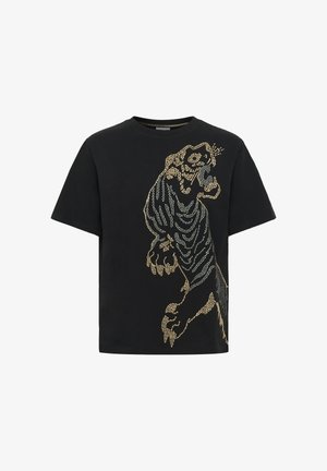 Schwarzes Baumwoll-T-Shirt mit einem Tigerdesign aus goldenen und silbernen Nieten, mit Rundhalsausschnitt und kurzen Ärmeln.