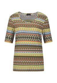 Korte mouw T-shirt in een kleurrijk patroon met groene, blauwe, oranje en bruine strepen, gemaakt van een lichte stof met een ronde halslijn.