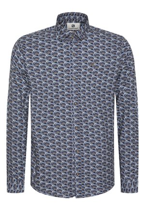 Camisa de manga larga en azul marino con un patrón de olas en tonos de azul, blanco y marrón. Cuello abotonado y tapeta frontal. Material de algodón.