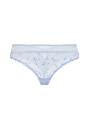 Ανοιχτό μπλε διαφανή δαντελωτά εσώρουχα με κεντήματα λουλουδιών, κυματιστές άκρες και μικρή λεπτομέρεια με άνοιγμα τύπου κλειδιού στο κέντρο της μπροστινής μέσης.