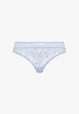 Ανοιχτό μπλε διαφανή δαντελωτά εσώρουχα με κεντήματα λουλουδιών, κυματιστές άκρες και μικρή λεπτομέρεια με άνοιγμα τύπου κλειδιού στο κέντρο της μπροστινής μέσης.