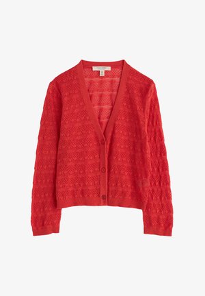 Raudona megzta kardiganas su V formos iškirpte, ilgomis rankovėmis ir mygtukų uždarymu. Tekstūruotas dizainas, kuriame keičiasi raštai visame audinyje.