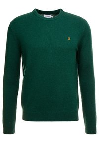 Dunkelgrüner gestrickter Rundhals-Pullover mit langen Ärmeln und einem kleinen gelben, gestickten "F"-Logo auf der linken Brust.