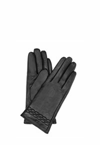 Czarne skórzane rękawiczki o gładkiej fakturze, dopasowanym fasonie i pikowanym wzorze przy nadgarstku, ukazujące elegancję i rzemiosło.