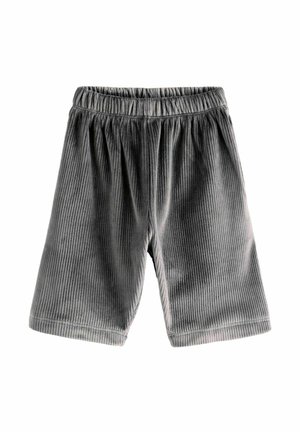 Short gris en tissu côtelé avec taille élastique, longueur genou, coupe décontractée, présenté sur fond blanc.