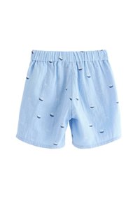 Ljusblå shorts i bomull, prydda med små broderade segelbåtar överallt och med elastisk midja för komfort.