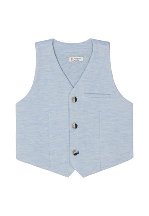 Veste bleu clair pour tout-petit avec trois boutons gris et une petite poche poitrine sur fond blanc.