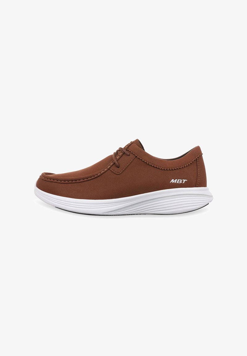 Brown suede lace-up shoe with a rounded toe, white rubber sole, and stitched detailing. Features a logo on the side and a smooth texture.