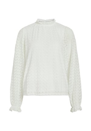 Bijela bluzica dugih rukava s teksturiranim, uzorkovanim materijalom, visokim izrezom i naboranim manžetama. Opušteni kroj s suptilnim, elegantnim dizajnom.