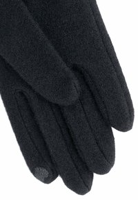 Gants en laine noirs avec une texture douce, dotés d'un poignet allongé et d'un petit point tactile sur l'index.