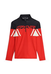 Pullover rosso a maniche lunghe con collo a zip, caratterizzato da una parte superiore nera. Grande logo "SPYDER" e accenti diagonali bianchi sul davanti. Tessuto liscio.