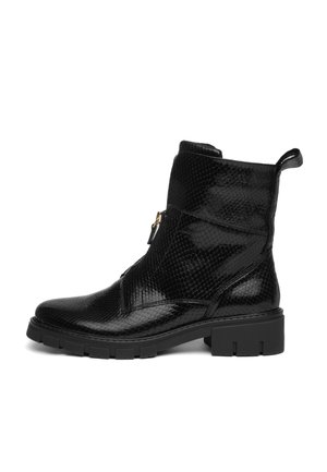 Black ankle boot with a textured snake pattern, low block heel, side zipper, and pull tab on a white background.
