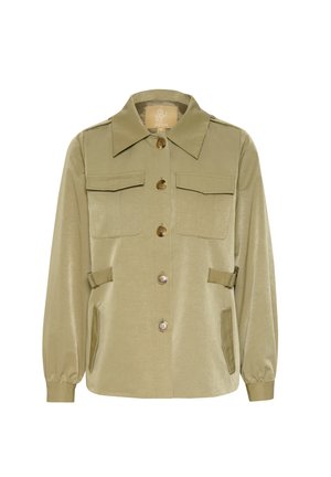 Khakifarbene Jacke mit Kragen, vier Fronttaschen, Knopfverschluss und elastischen Bündchen. Glatte Textur mit lockerer Passform.