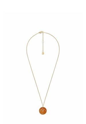 Collier doré avec une chaîne fine, présentant un pendentif rond à finition orange et des éléments de design astrologique.