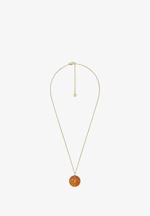 Goldfarbene Halskette mit feiner Kette, ausgestattet mit einem runden Anhänger mit oranger Oberfläche und astrologischen Designelementen.