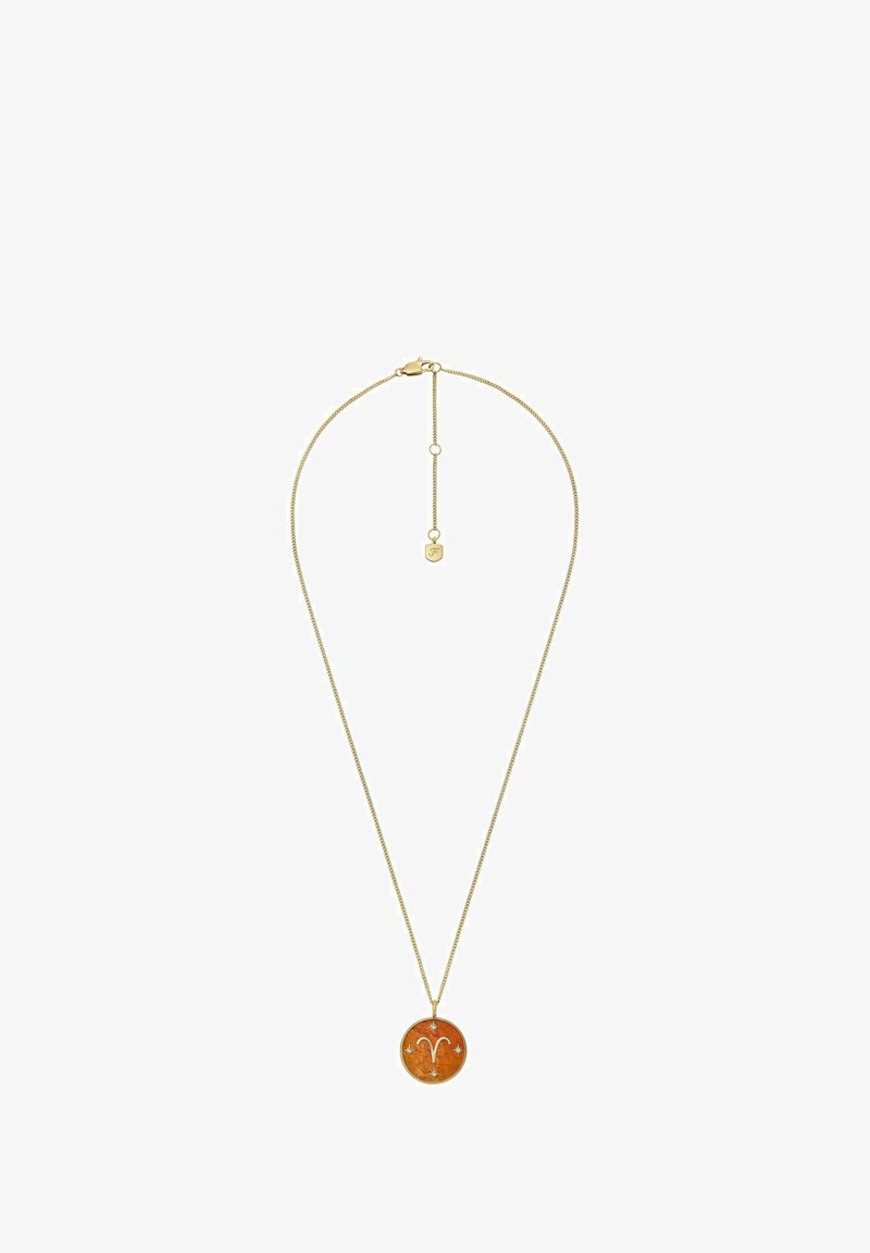 Collier doré avec une chaîne fine, présentant un pendentif rond à finition orange et des éléments de design astrologique.