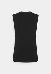 Haut noir tricoté sans manches avec un col rond, présenté à plat sur un fond blanc, montrant le dos.